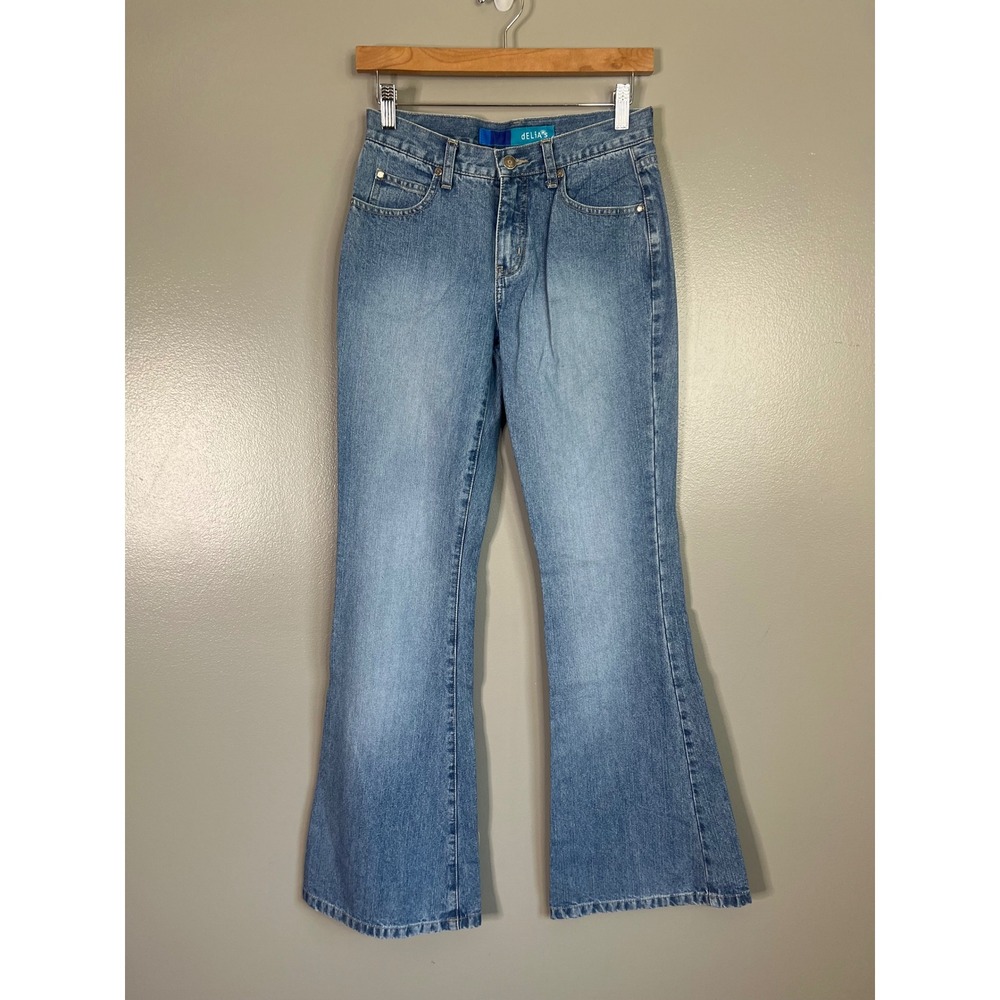 Vintage Delias Flare Jeans Medium Wash High Rise Wide Leg Y2K Denim Size 3 x 32 - Picture 4 of 5